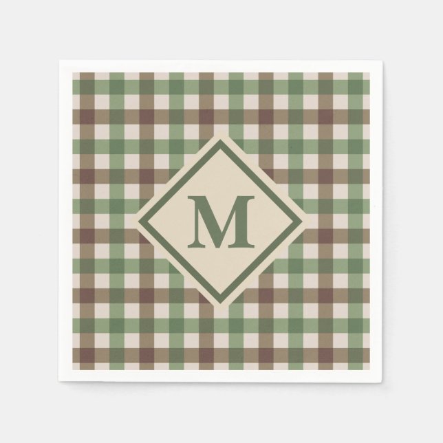 Green and Brown Gingham Plaid with Monogram Picnic Napkins (Front)