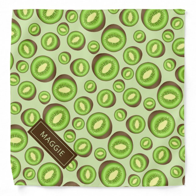 Green And Brown Kiwifruit Pattern With Custom Name Bandana (Front)