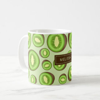 Green And Brown Kiwifruit Pattern With Custom Name Coffee Mug