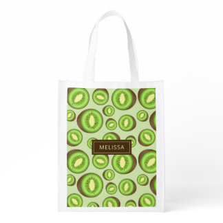 Green And Brown Kiwifruit Pattern With Custom Name Grocery Bag