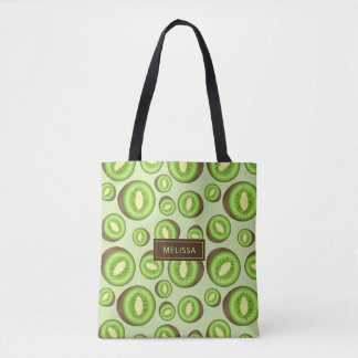 Green And Brown Kiwifruit Pattern With Custom Name Tote Bag