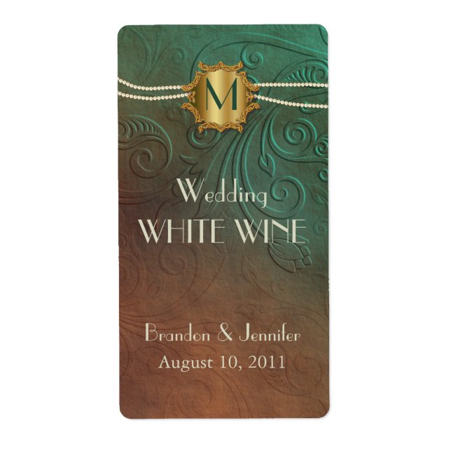 Green and Brown Monogram Wedding Mini Wine Labels (Front)