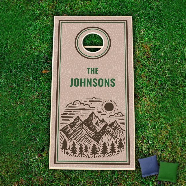 Green and Brown Mountains Camping Cornhole Set (Green and Brown With Wood Texture Hand Drawn Style Custom Mountain Cornhole Set)