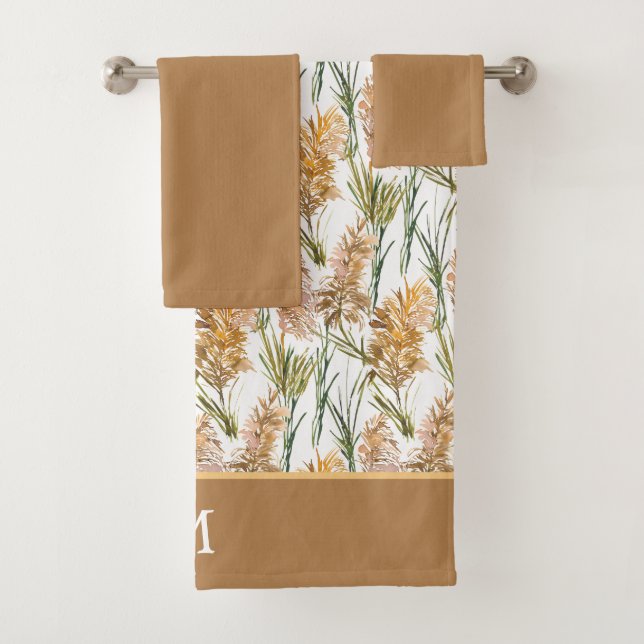 Green and Brown Pampas Grass Pattern Monogram Bath Towel Set (Insitu)