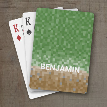 Green And Brown Pixel Design With Custom Name Playing Cards by MyRazzleDazzle at Zazzle