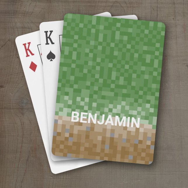 Green and Brown Pixel Design with Custom Name Poker Cards (Personalized Playing Cards - Pixel Miner)