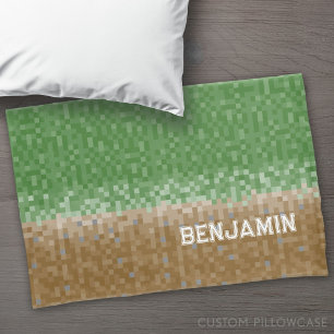Green and Brown Pixel Design with Name Pillow Case
