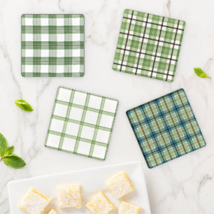 Green and Brown Plaid Ceramic Coasters