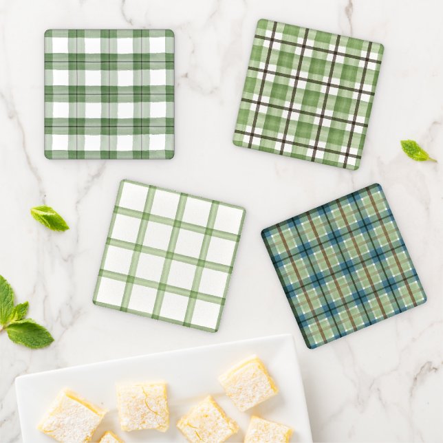 Green and Brown Plaid Ceramic Coasters (In Situ)