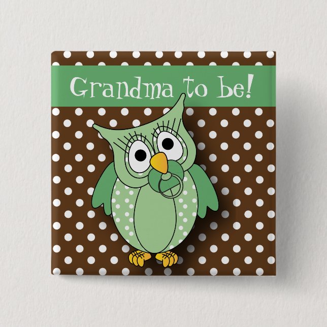 Green and Brown Polka Dot Owl Baby Shower Theme Button (Front)