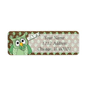 Green and Brown Polka Dot Owl Baby Shower Theme Label
