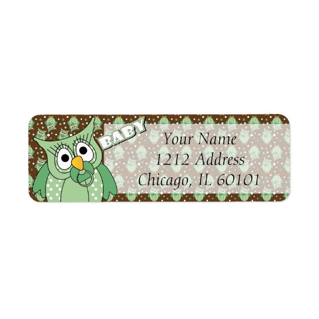 Green and Brown Polka Dot Owl Baby Shower Theme Label (Front)