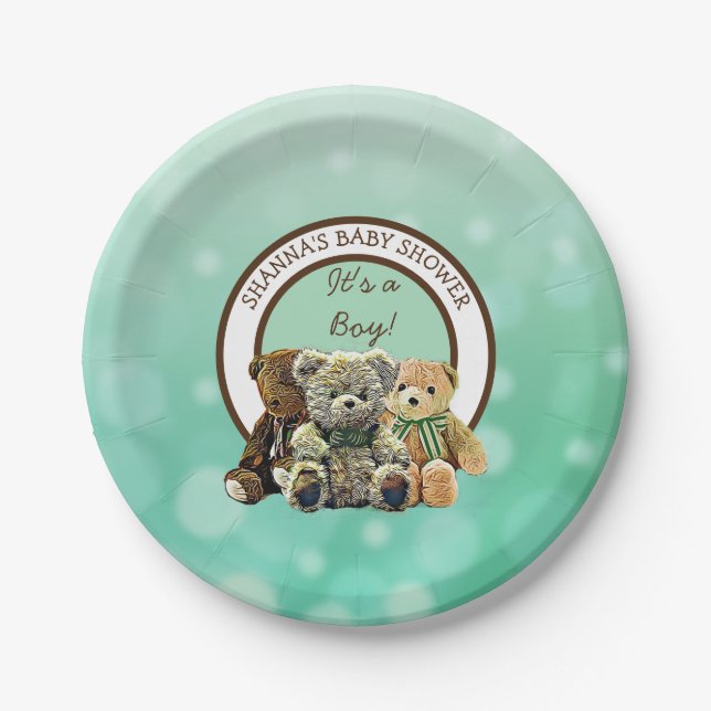 Green and Brown Teddy Bear Boy's Baby Shower Paper Plates (Front)