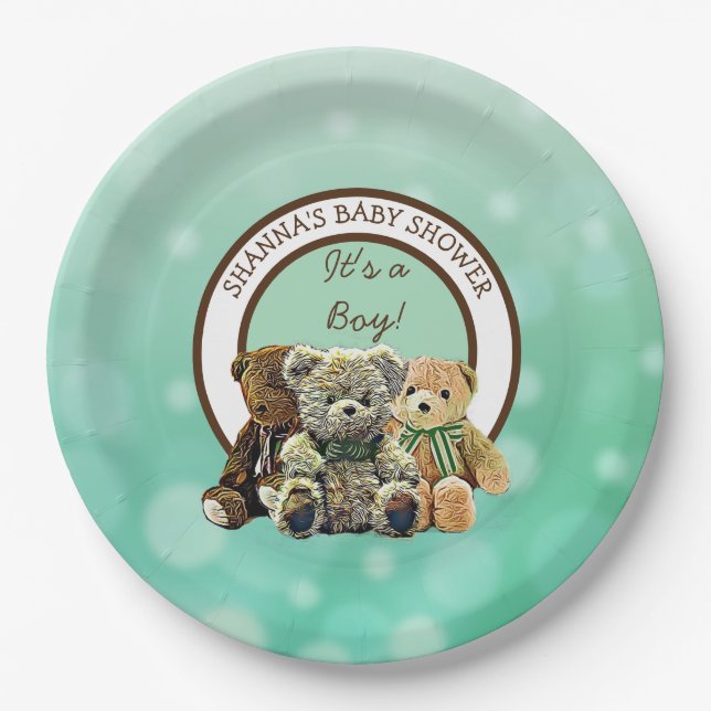 Green and Brown Teddy Bear Boy's Baby Shower Paper Plates (Front)