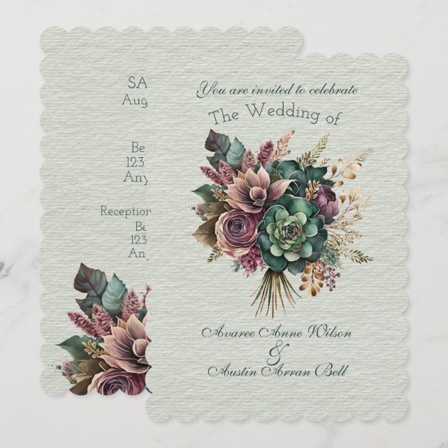 Green and Burgundy Floral Wedding Bouquet  Invitation (Front/Back)