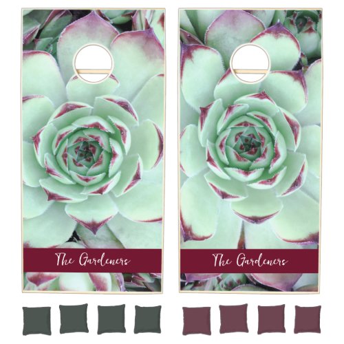 Green and Burgundy Succulent Photo Cornhole Set