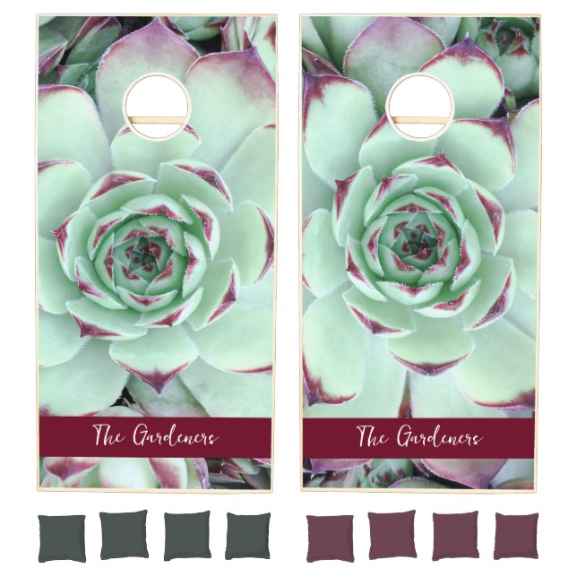 Green and Burgundy Succulent Photo Cornhole Set (Set)