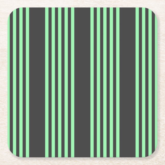 Green and charcoal five stripes pattern square paper coaster (Front)