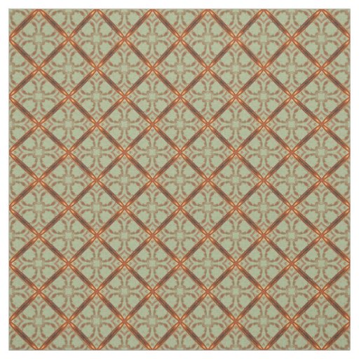 Green and Coper Orange Scroll Grid Pattern Fabric