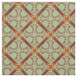 Green and Copper Orange Scroll Grid Pattern Fabric