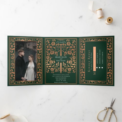 Green and Copper Royal Medieval Sword Wedding Tri_Fold Invitation