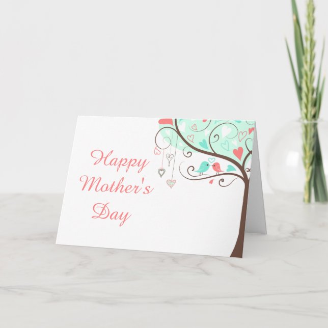 Green and Coral Floral Bird Mother's Day Card (Front)