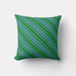 [ Thumbnail: Green and Cornflower Blue Colored Striped Pattern Throw Pillow ]