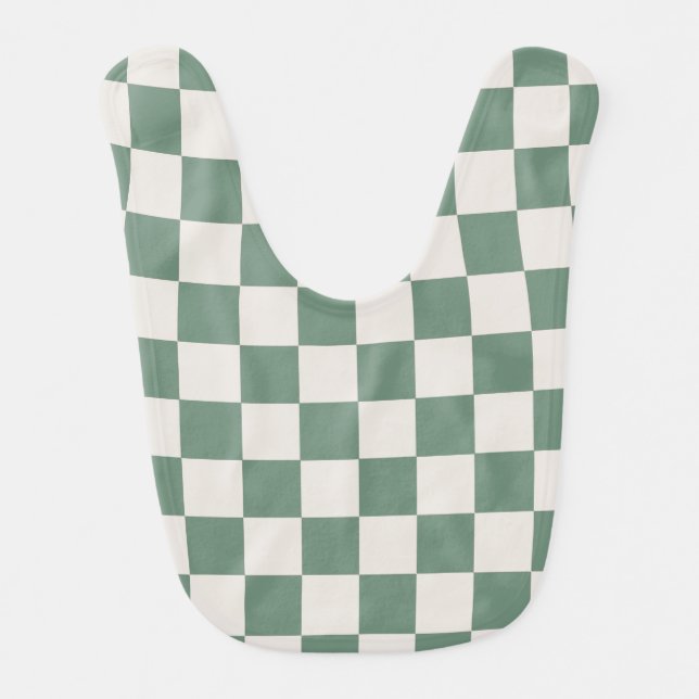 Green And Cream Checkered Classic Checker Pattern Baby Bib (Front)