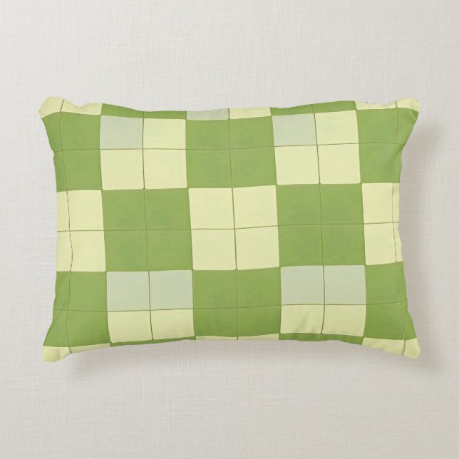 Green and Cream Checkered Tile Pattern Accent Pillow (Front)