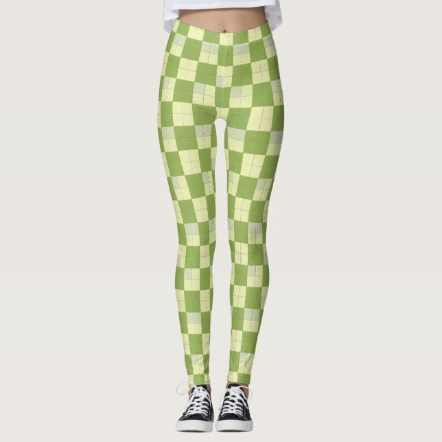 Green and Cream Checkered Tile Pattern Leggings (Front)