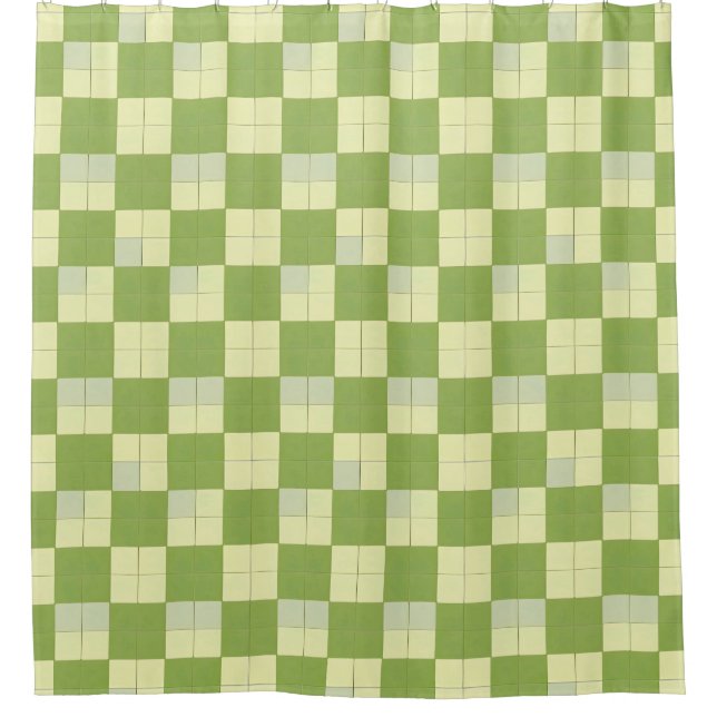 Green and Cream Checkered Tile Pattern Shower Curtain (Front)
