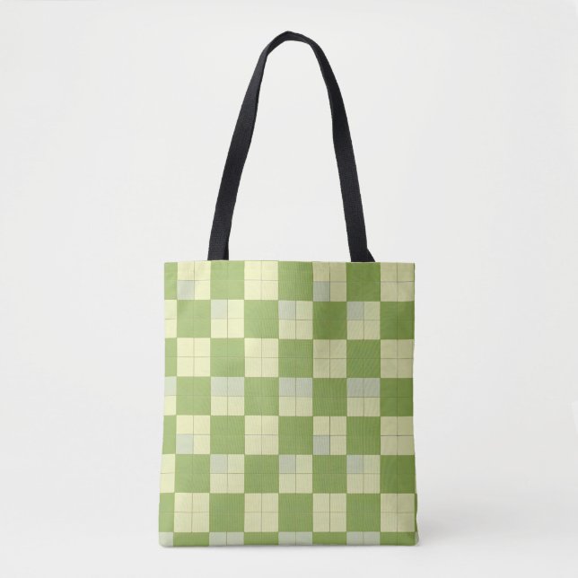 Green and Cream Checkered Tile Pattern Tote Bag (Front)