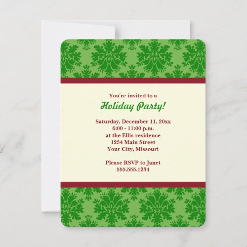 Green and Cream Elegant Damask Holiday Party Invitation