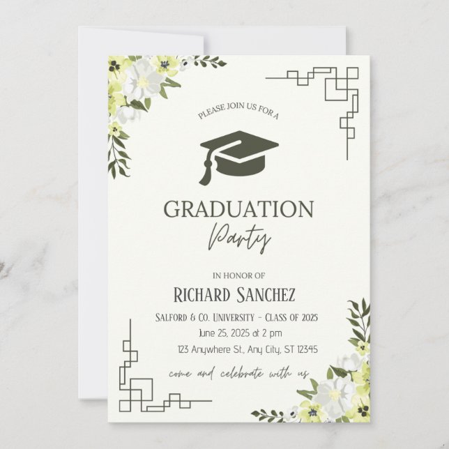 Green and Cream Floral Graduation Invitation (Front)