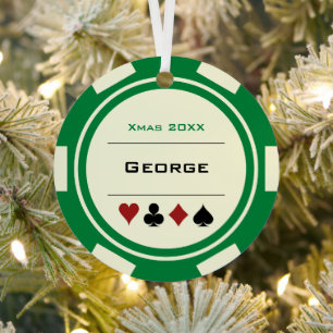 Green and Cream Las Vegas Poker Chip Christmas Metal Ornament