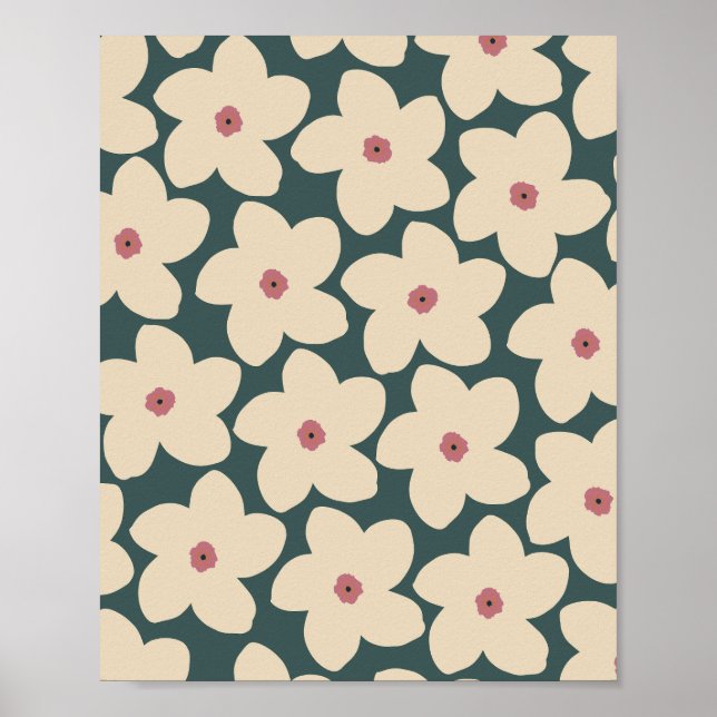 Green And Cream Retro Flower Poster (Front)