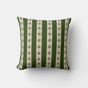 Green And Cream Stripes And Flowers Throw Pillow