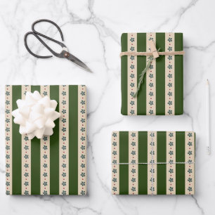 Green And Cream Stripes And Flowers Wrapping Paper Sheets
