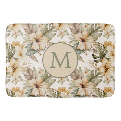 Green and Cream Watercolor Tropical Floral Bath Mat