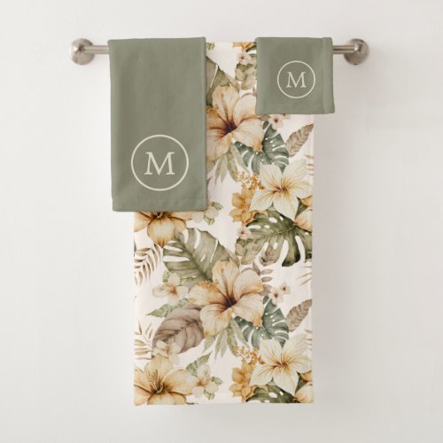 Green and Cream Watercolor Tropical Floral Bath Towel Set