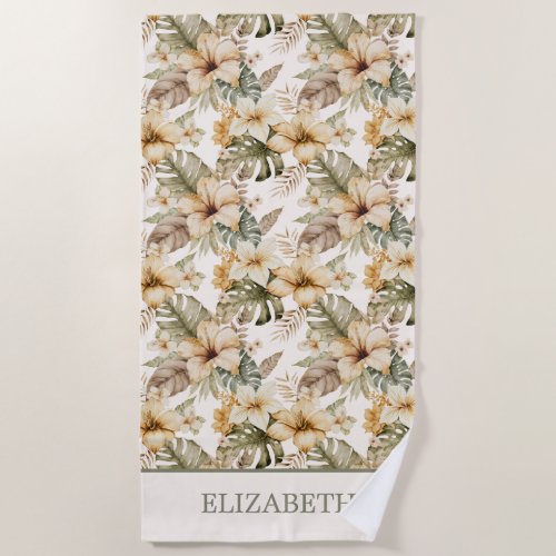 Green and Cream Watercolor Tropical Floral Beach Towel