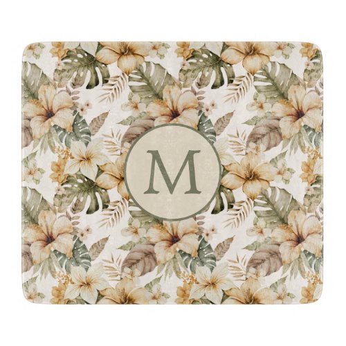 Green and Cream Watercolor Tropical Floral Cutting Board