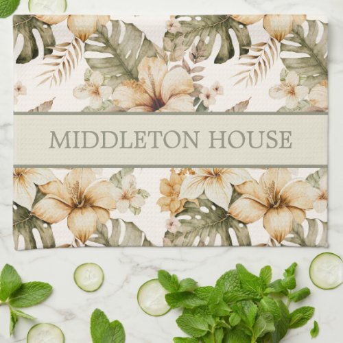 Green and Cream Watercolor Tropical Floral Kitchen Towel