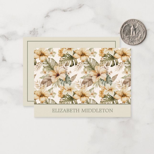 Green and Cream Watercolor Tropical Floral Note Card (Front/Back In Situ)