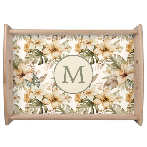 Green and Cream Watercolor Tropical Floral Serving Tray