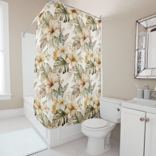 Green and Cream Watercolor Tropical Floral Shower Curtain