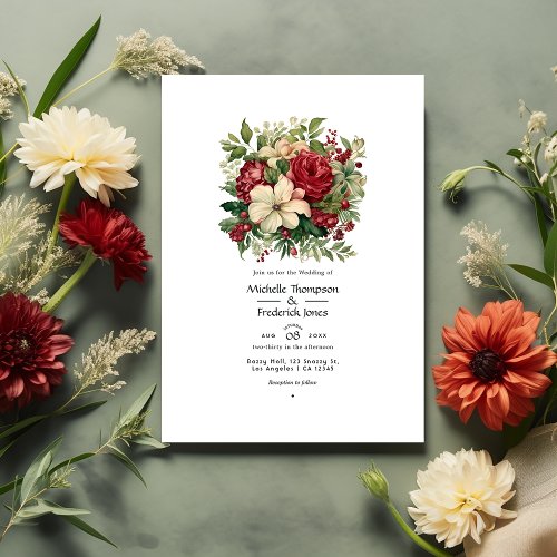 Green and Crimson with Cream Floral Spring Wedding Invitation