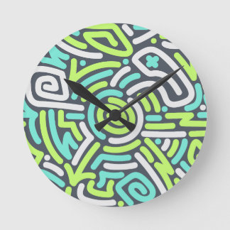 Green and Cyan Neon Squiggle Maze Pattern Round Clock