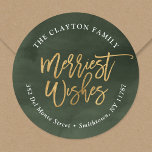 Green and Faux Foil Merriest Return Address Classic Round Sticker<br><div class="desc">Affordable custom circle holiday address labels with an elegant green watercolor background and faux gold foil script typography. Use the design tools to add your own text and photos to create a one of a kind return address label,  envelope seal or Christmas gift tags.</div>