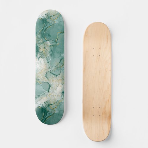 Green and Faux Gold Abstract Waves Skateboard